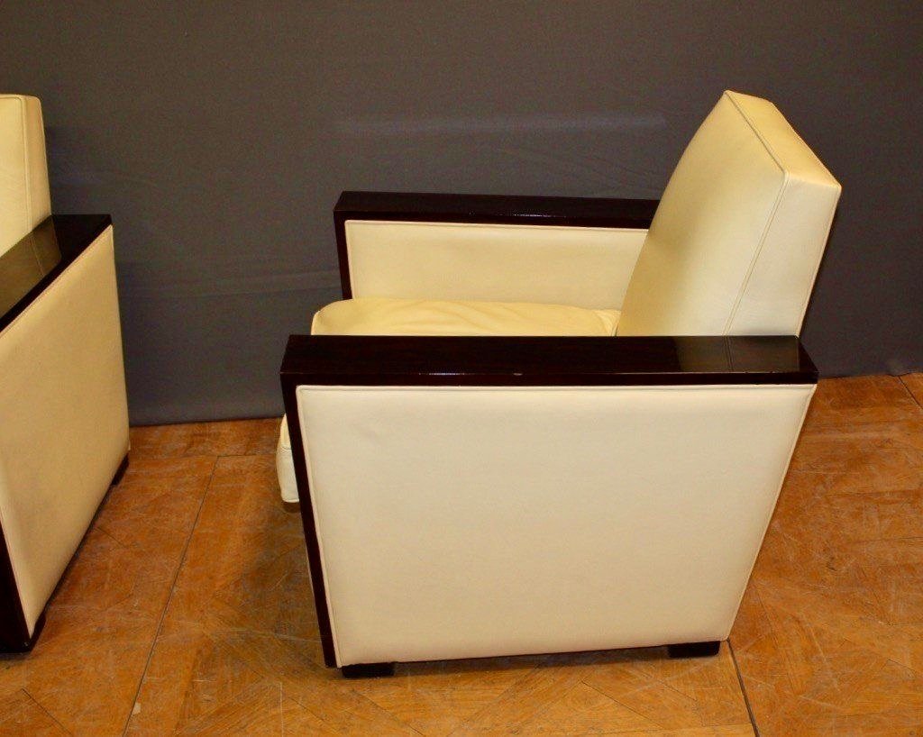 Pair Of Art Deco Armchairs In Rosewood And Beige Leather-photo-3