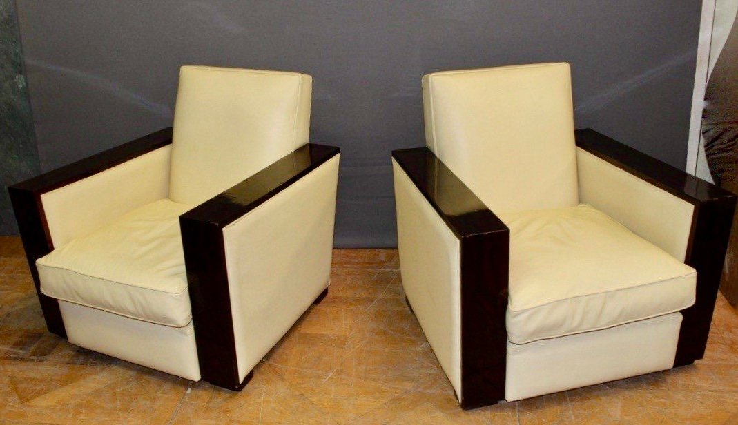 Pair Of Art Deco Armchairs In Rosewood And Beige Leather-photo-4