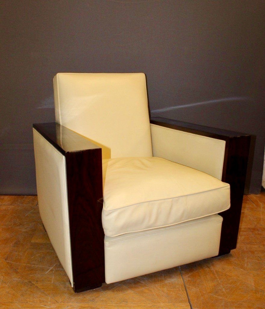 Pair Of Art Deco Armchairs In Rosewood And Beige Leather-photo-5