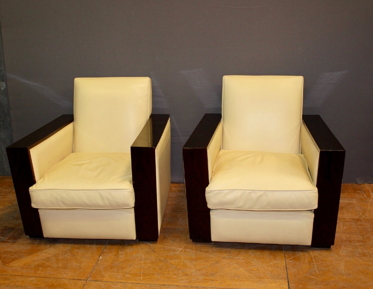 Pair Of Art Deco Armchairs In Rosewood And Beige Leather-photo-6