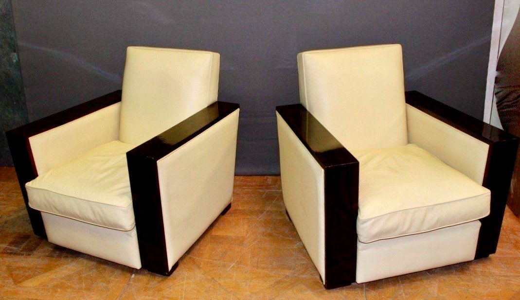 Pair Of Art Deco Armchairs In Rosewood And Beige Leather