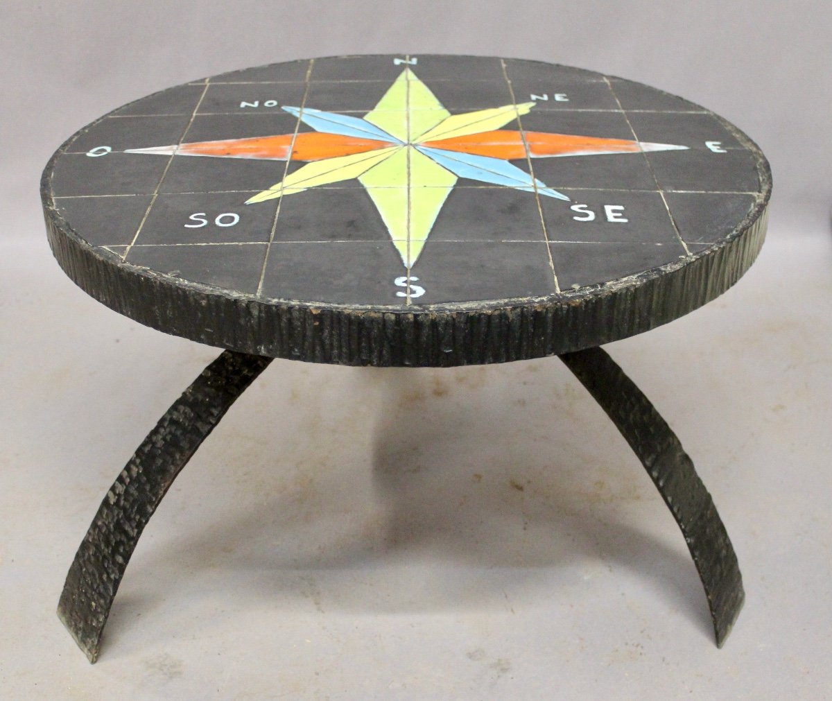 Wrought Iron Coffee Table With Ceramic Compass Rose Top -photo-2