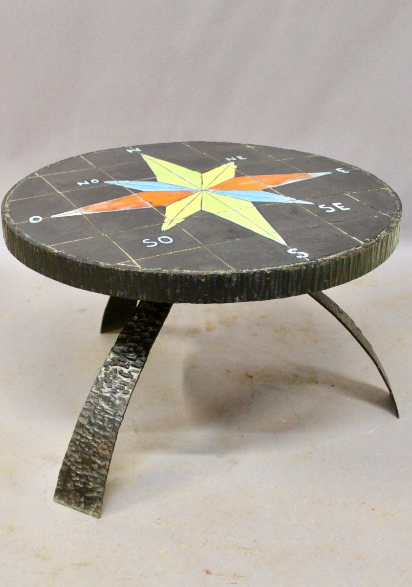 Wrought Iron Coffee Table With Ceramic Compass Rose Top -photo-4