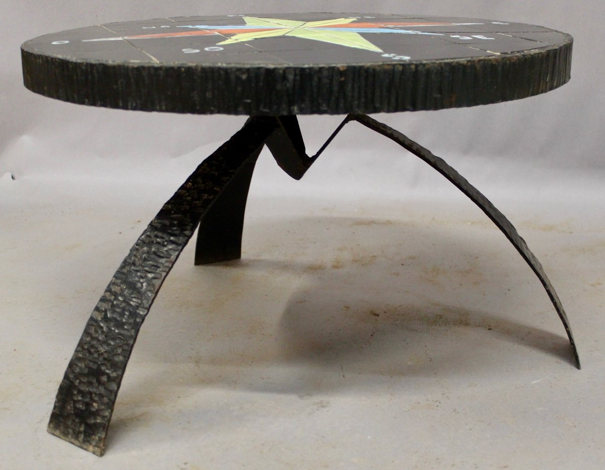 Wrought Iron Coffee Table With Ceramic Compass Rose Top -photo-2