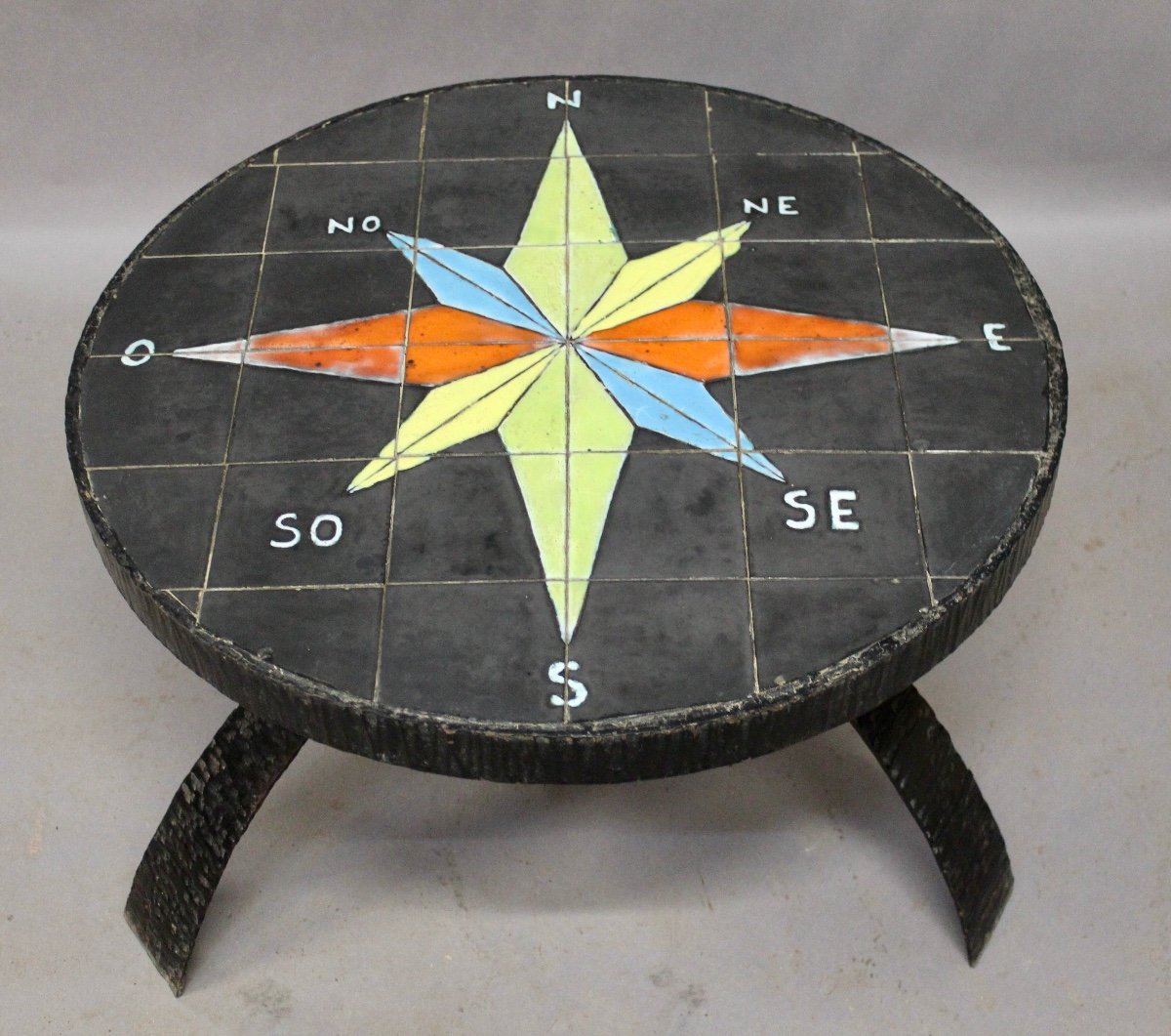 Wrought Iron Coffee Table With Ceramic Compass Rose Top 