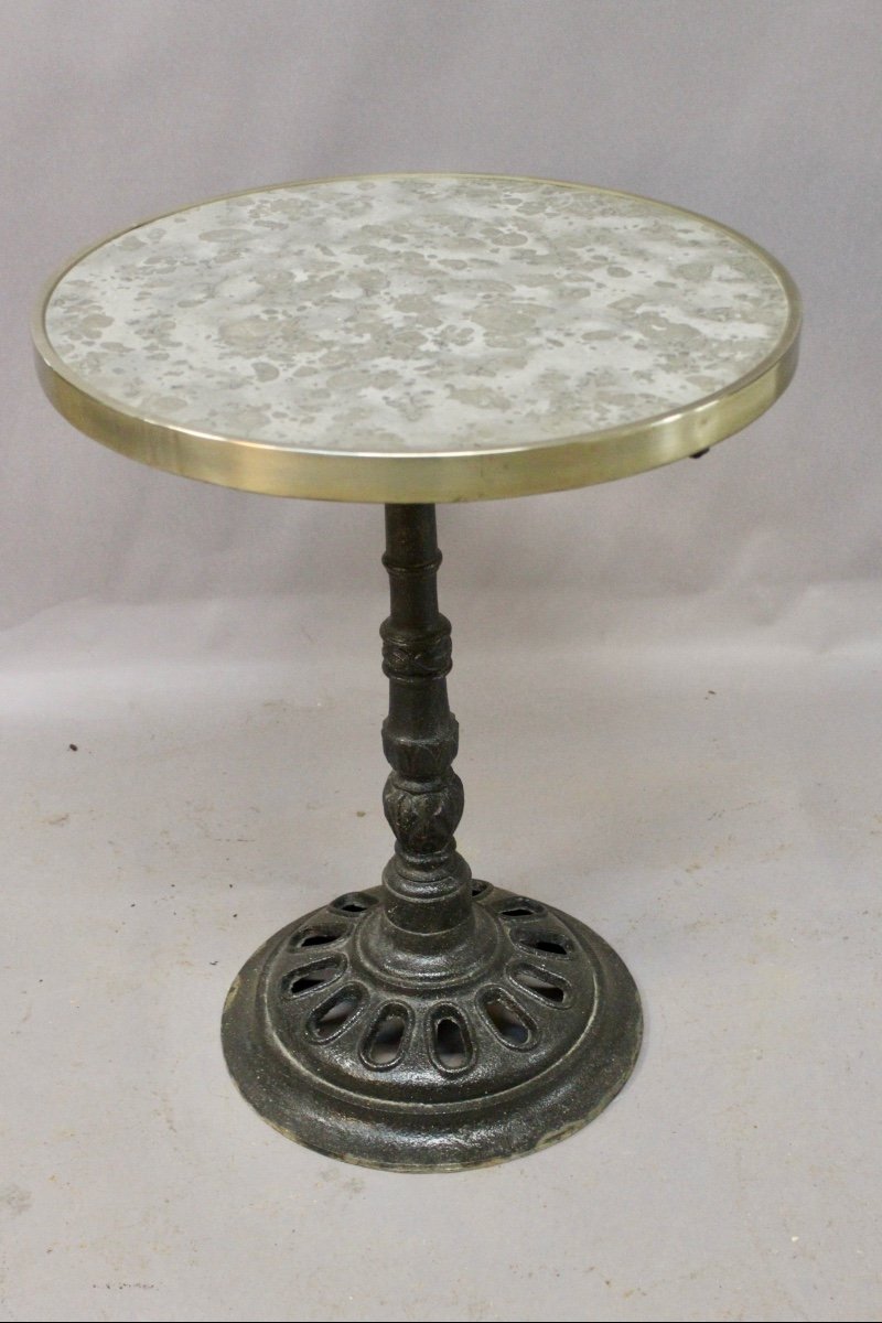 Grey Veined Marble Top Bistro Table, Brass Rimmed.-photo-2