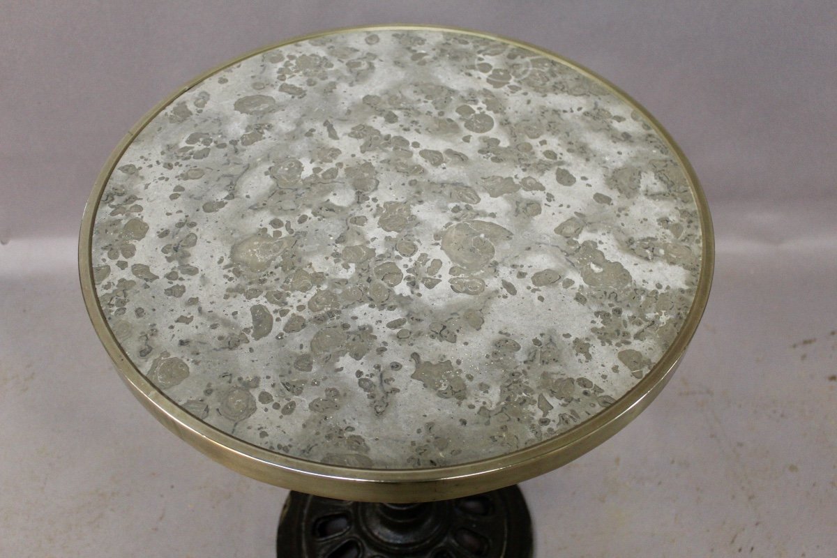 Grey Veined Marble Top Bistro Table, Brass Rimmed.-photo-3