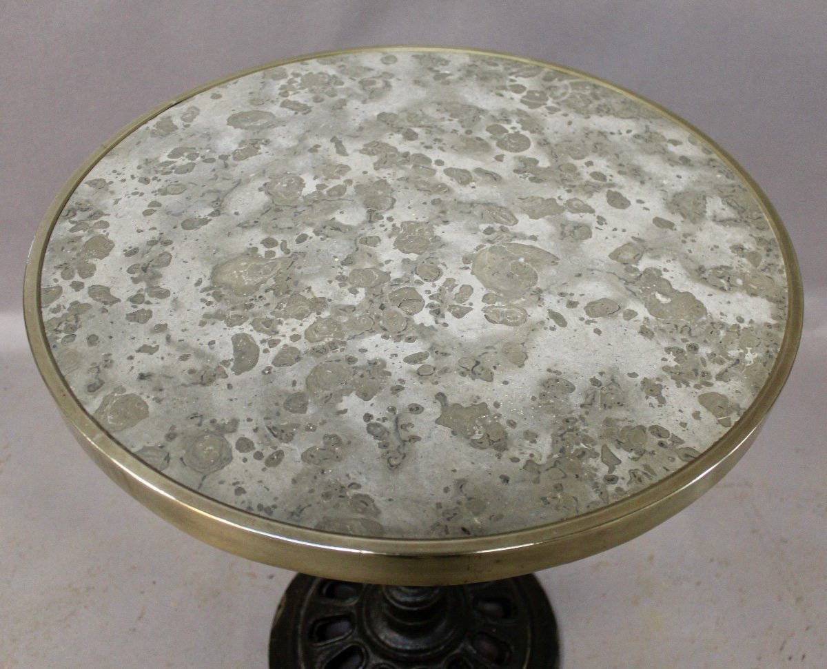 Grey Veined Marble Top Bistro Table, Brass Rimmed.-photo-4