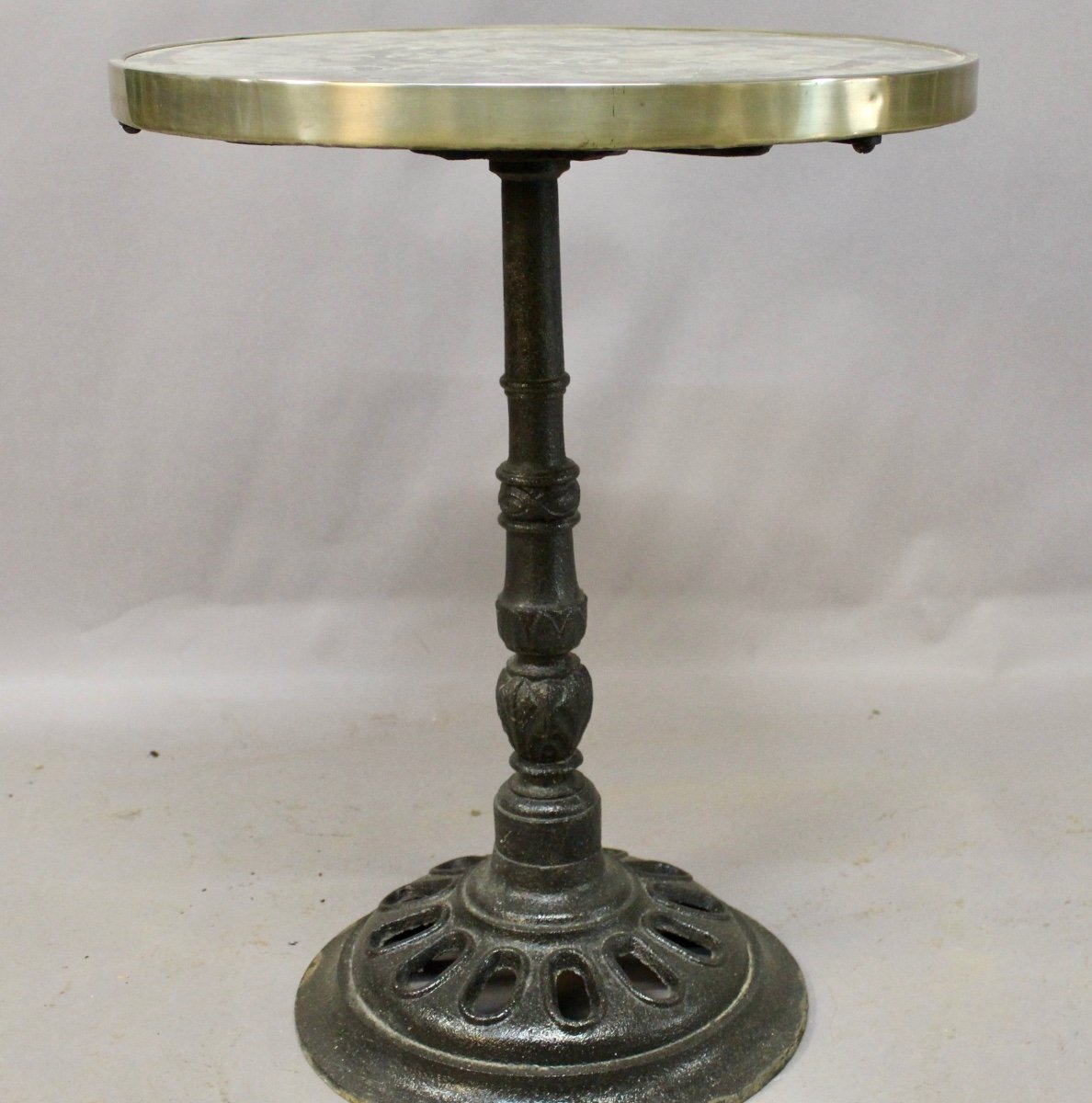 Grey Veined Marble Top Bistro Table, Brass Rimmed.-photo-1