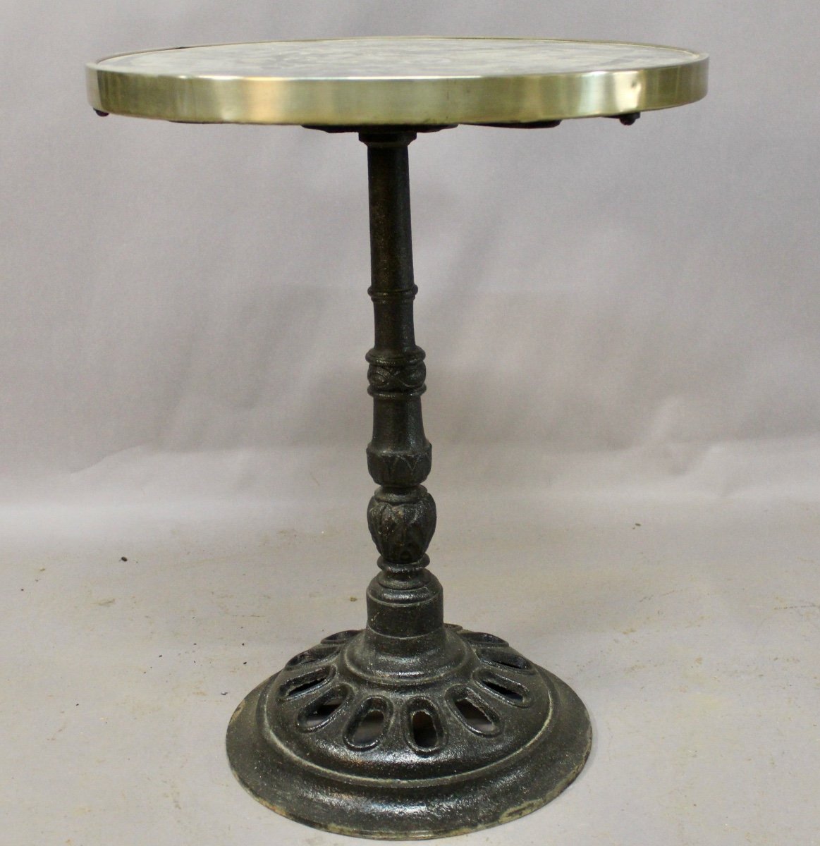 Grey Veined Marble Top Bistro Table, Brass Rimmed.-photo-3