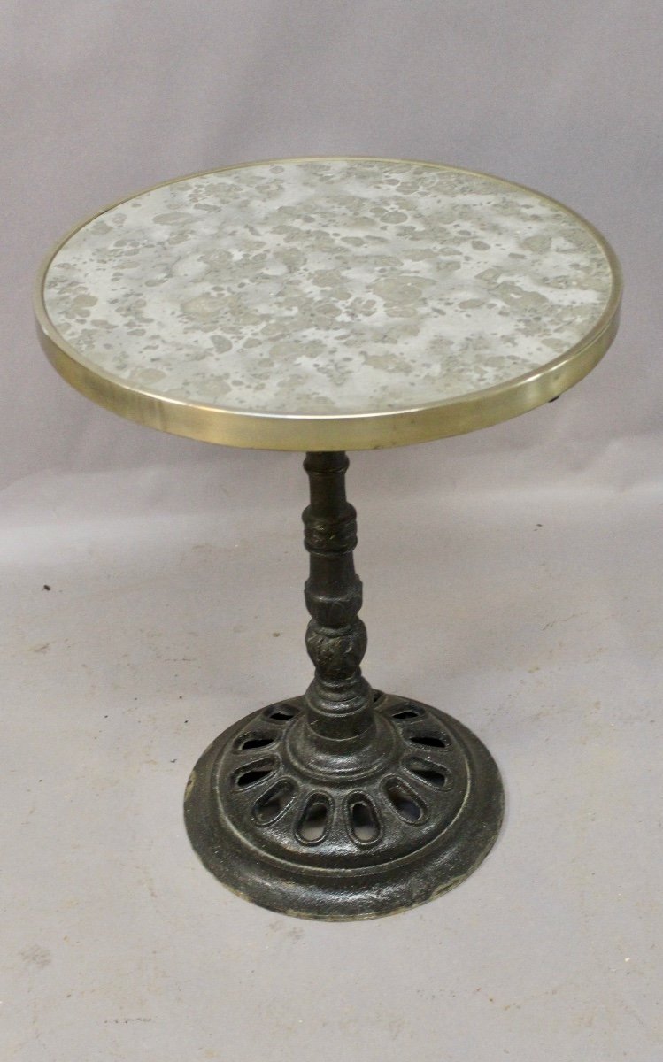 Grey Veined Marble Top Bistro Table, Brass Rimmed.