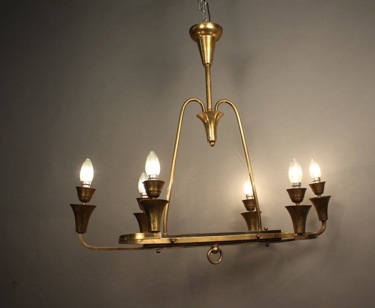 6 Light Bronze Brass Gilded Chandelier