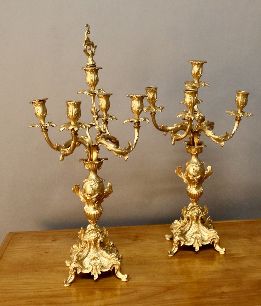 Paire De Chandeliers Style Rocaille En Bronze -photo-3