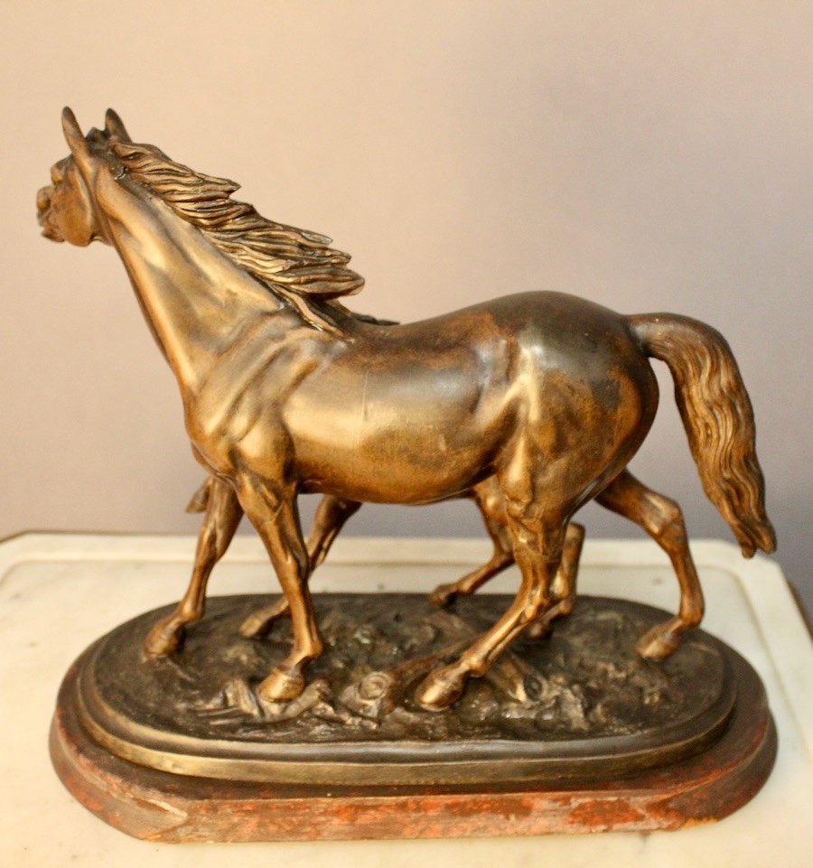 Bronze Sculpture Mare And Foal On Wooden Base -photo-1