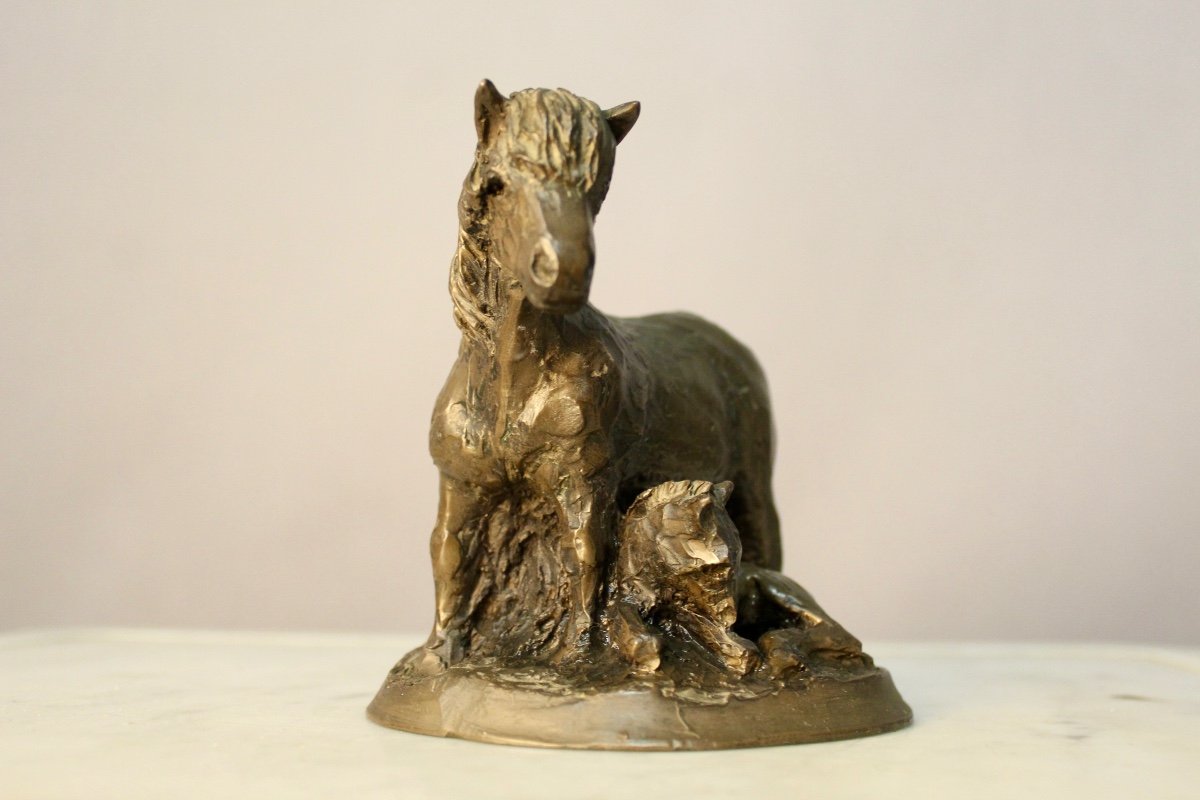 Bronze Sculpture Mare And Foal Lying-photo-2