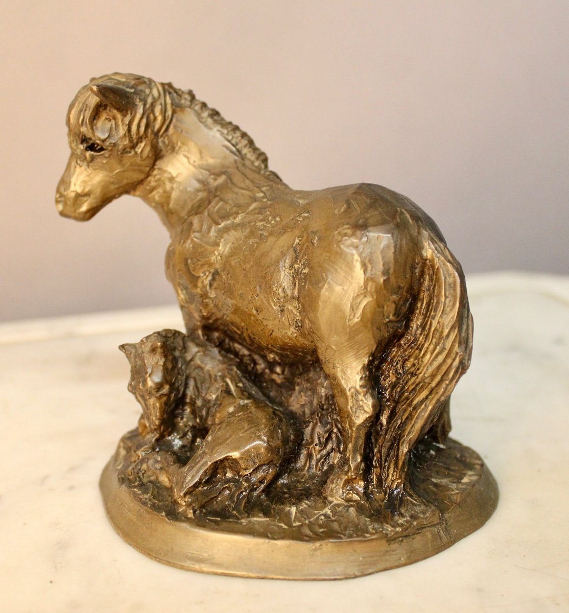 Bronze Sculpture Mare And Foal Lying