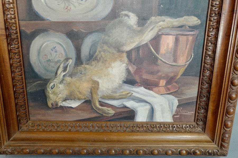 Nature Morte Au Lièvre , Huile sur toile Cadre Noyer -photo-4