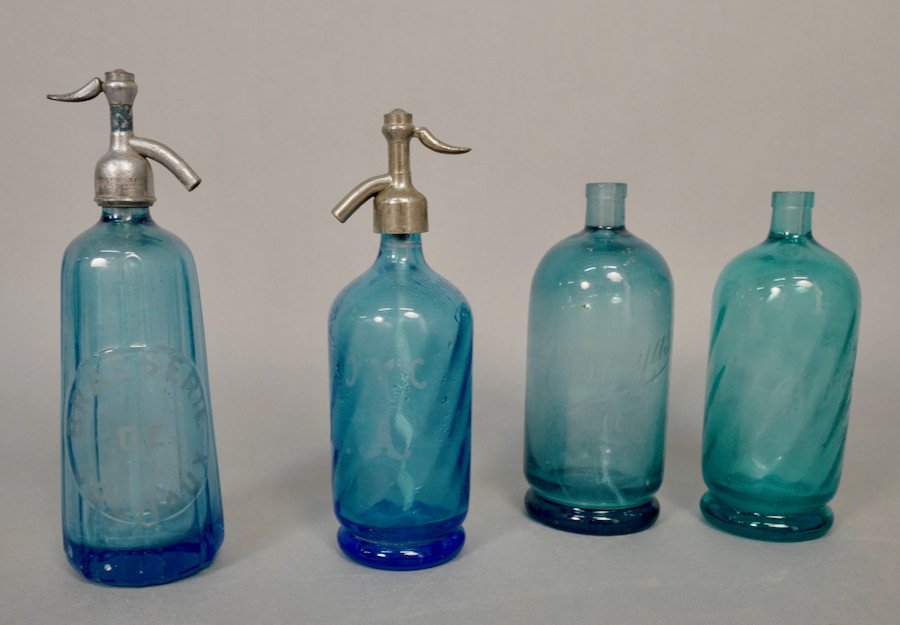 Lot Of 4 Bistro Siphons In Blue Glass From 1900