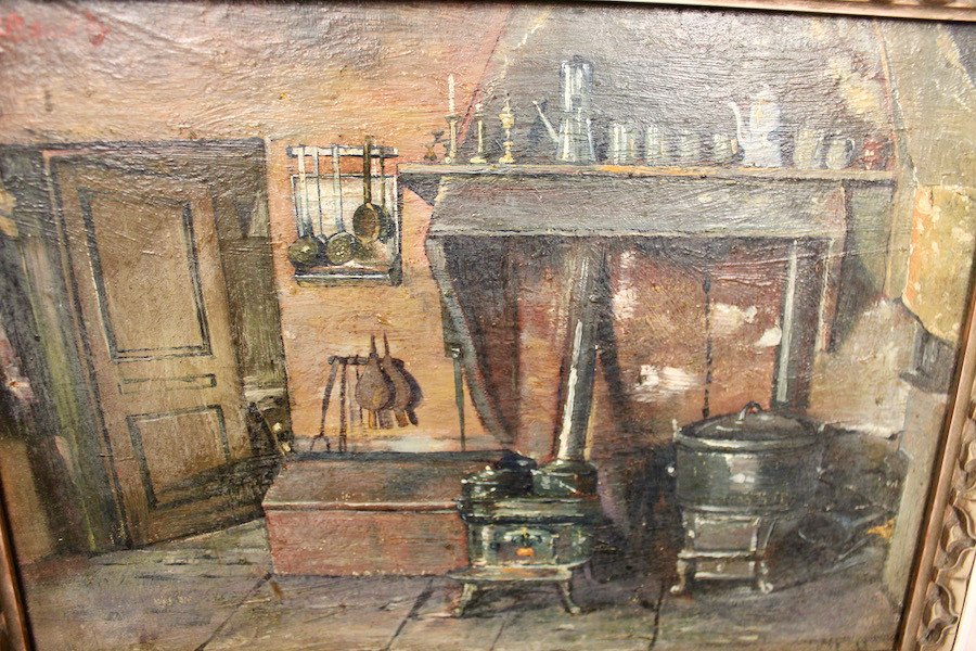 Oil On Cardboard Representing A Jura Farm Kitchen Interior-photo-4