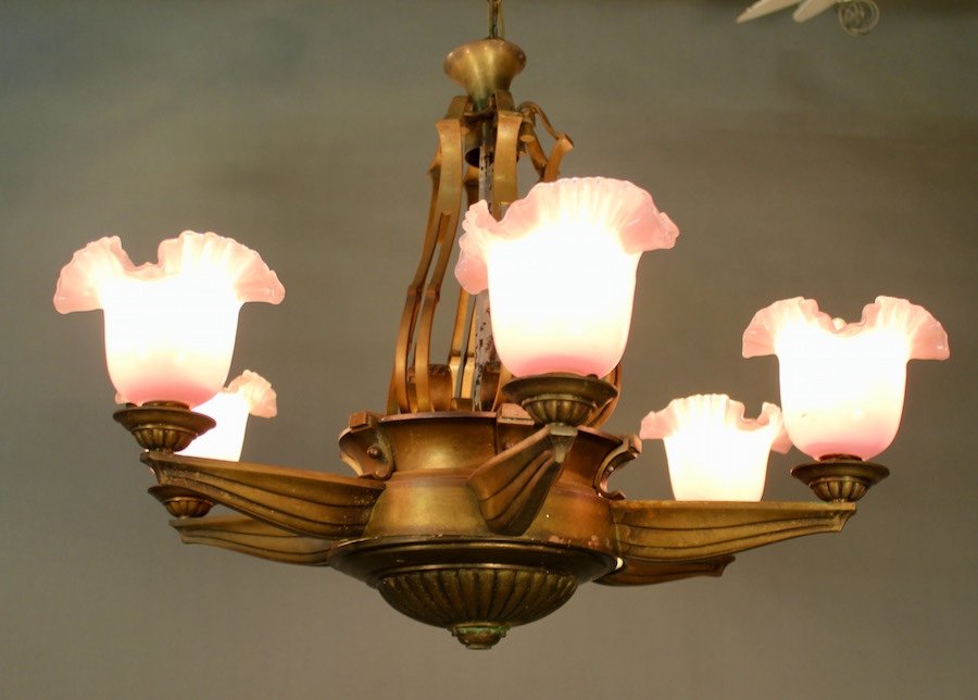 1940 Bronze Chandelier With 6 Pink Opaline Arms Of Light-photo-4