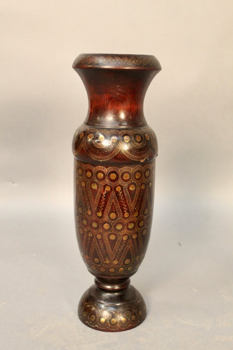 Oriental Brass Inlay Turned Wood Vase-photo-2