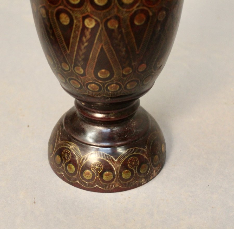 Oriental Brass Inlay Turned Wood Vase-photo-3