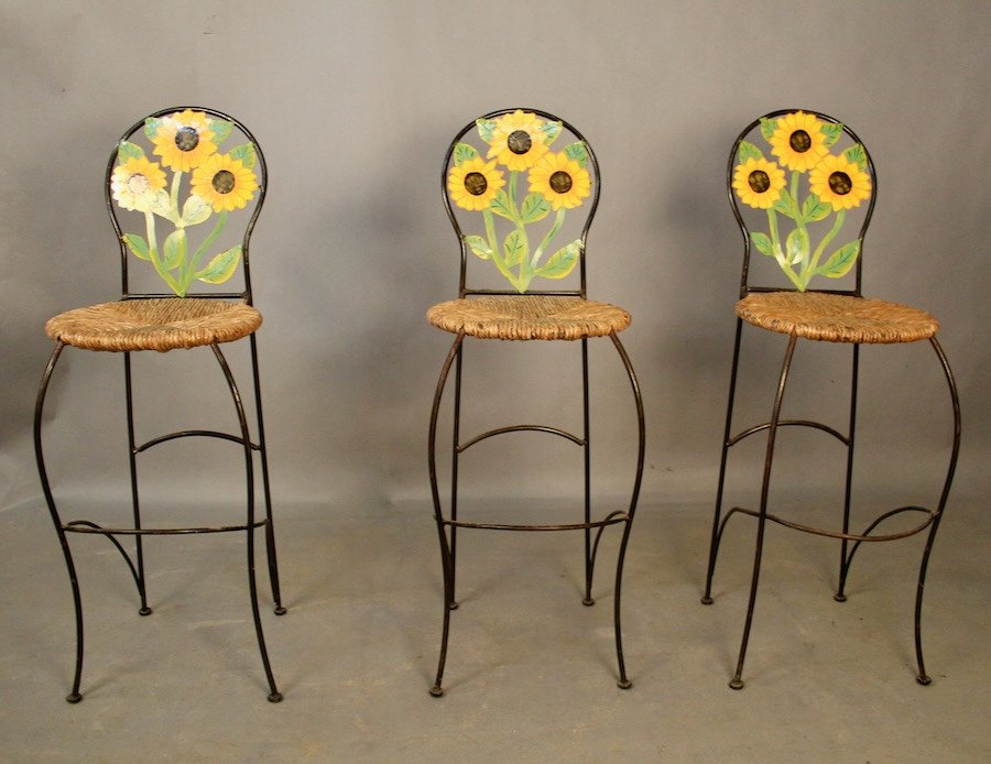 Set Of 3 Bar Stools With Sunflower Decor