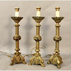 Suite Of 3 Candlesticks Mounted In Bronze Lamp