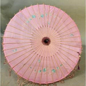 Old Asian Parasol In Embroidered Silk