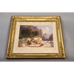 Mountain Landscape Engraving In 19th Century Golden Frame
