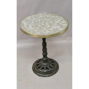 Grey Veined Marble Top Bistro Table, Brass Rimmed.