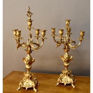 Paire De Chandeliers Style Rocaille En Bronze 