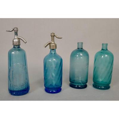Lot Of 4 Bistro Siphons In Blue Glass From 1900