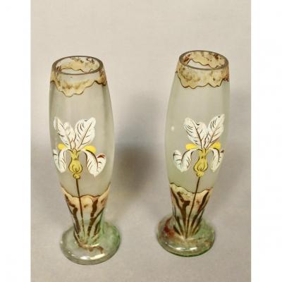 Pair Of Glass Vases With Iris Decor