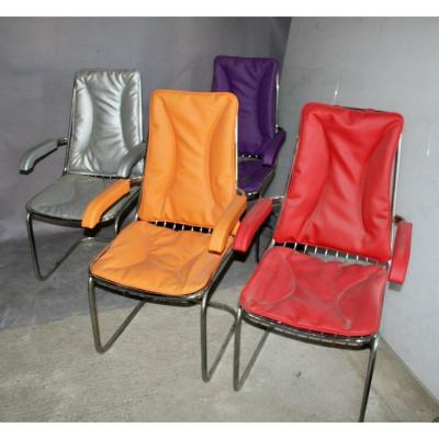 Series Of 4 1970s Armchairs With Chrome Feet And Colored Skai Seat