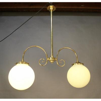 Brasserie Chandelier With Two White Opalines