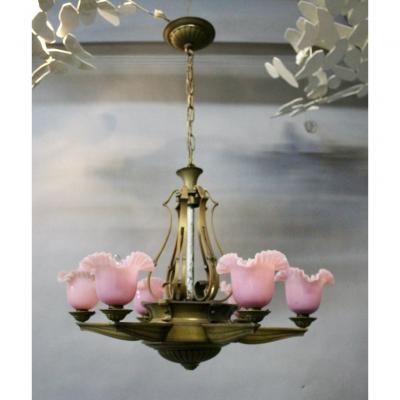 1940 Bronze Chandelier With 6 Pink Opaline Arms Of Light