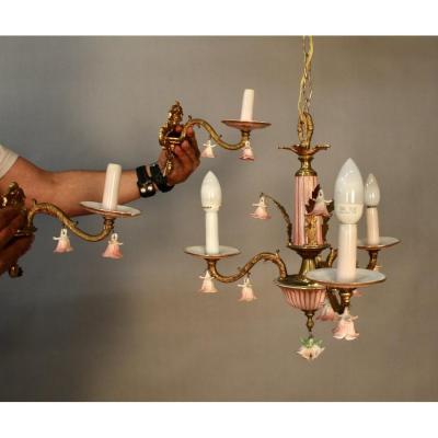 Small Italian Chandelier In Bronze And Porcelain Flowers With Its 2 Sconces