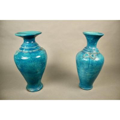 Pair Of Chinese Blue Cracked Ceramic Vases