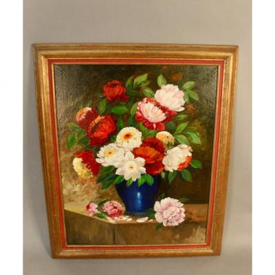 Table Oil On Canvas Of Flowers Signed Ricket Marteau