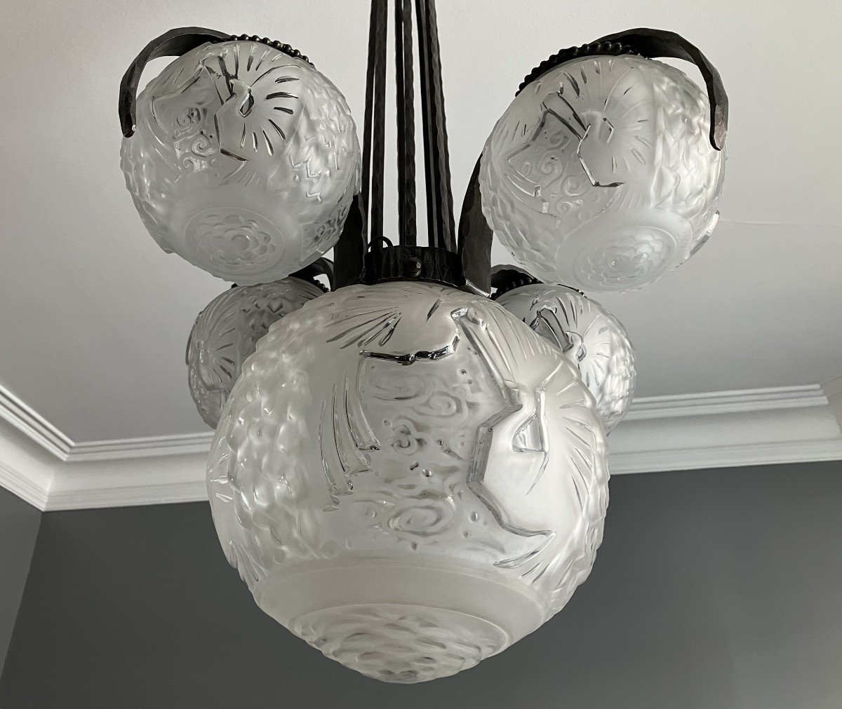 Muller Frères Luneville Chandelier In Wrought Iron And Art Deco Glass Circa 1930-photo-2