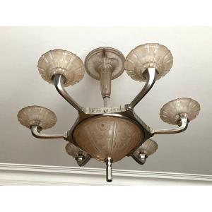 Hettier & Vincent Art Deco Chandelier In Nickel Plated Bronze And Art Deco Glass Circa 1930