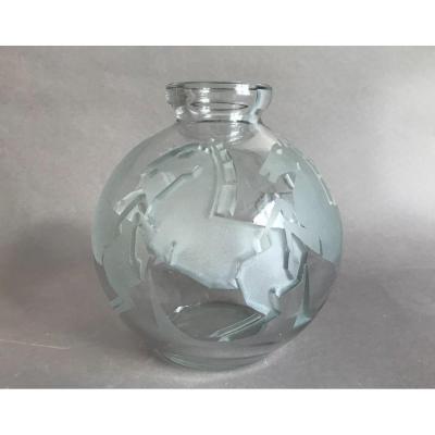 Jarvil Nancy Vase With Horses In Art Deco Glass Around 1930