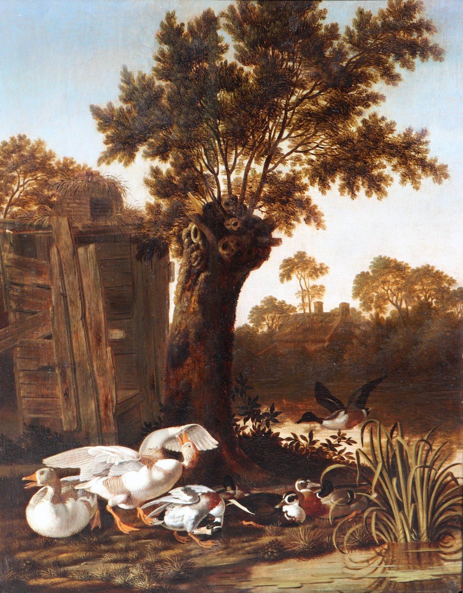Dirck Wijntrack (1605/25 - 1678), Ducks Resting In Front Of A Pollard Willow At Sunset-photo-1