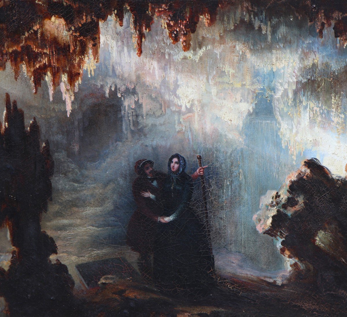 Peintre anonyme français du 19e siècle, Un couple visitant une grotte-photo-7