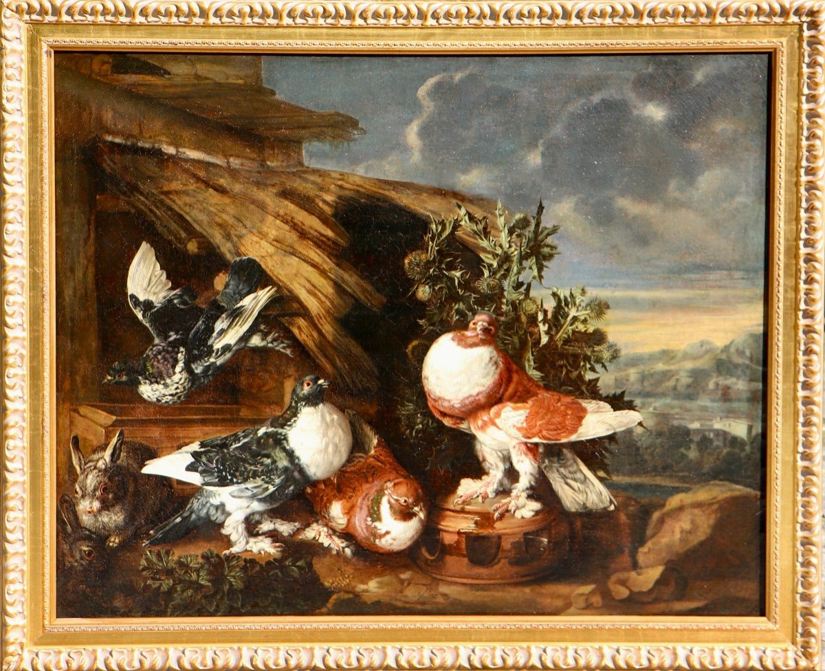 Carstiaen Luyckx (1623 - 1670), Pigeons And Rabbits In An Italianate Landscape