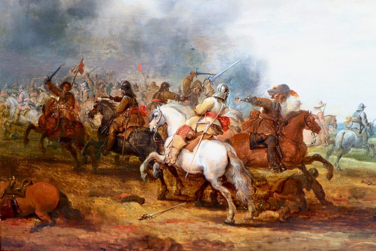 Pieter Meulener (1602 - 1654), A Cavalry Battle Scene Between Dutch And Spanish Horsemen-photo-5