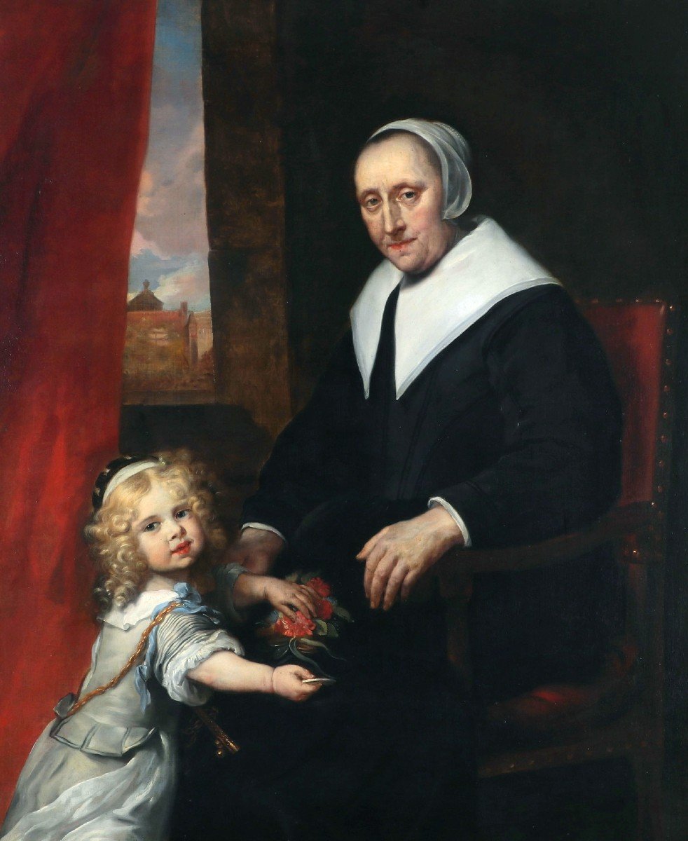 Jürgen Ovens (1623 - 1678), Portrait d'une dame et de sa petite-fille-photo-1