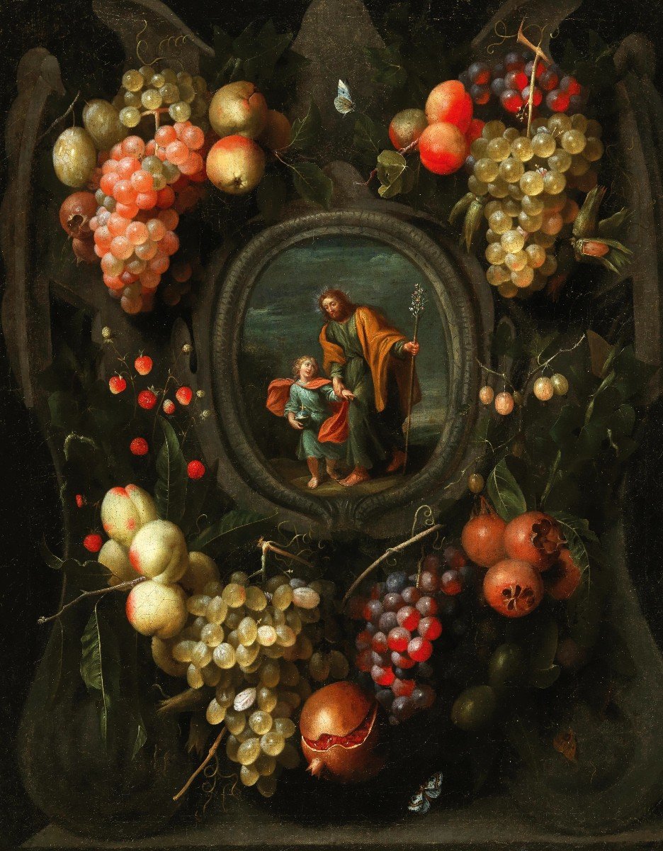 Frans van Everbroeck (vers 1638 - 1676/1693), Guirlandes de fruits ornant une cartouche-photo-1