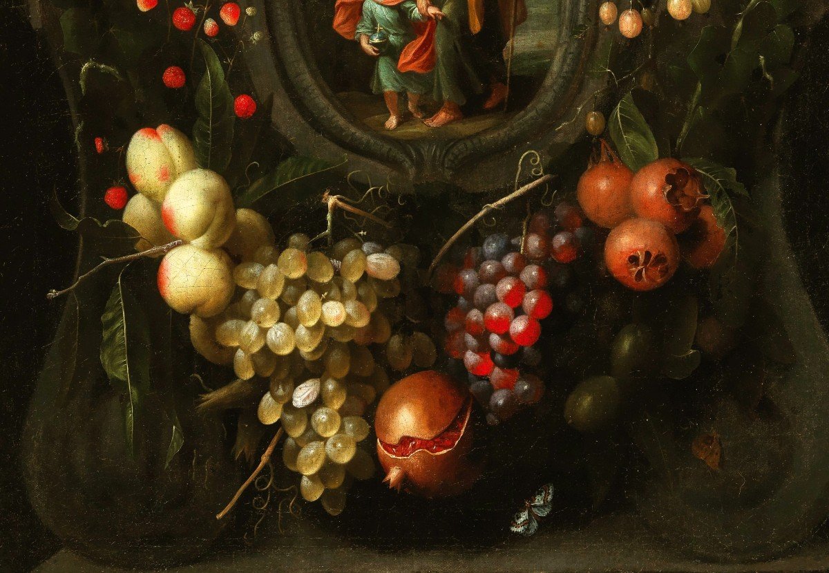 Frans van Everbroeck (vers 1638 - 1676/1693), Guirlandes de fruits ornant une cartouche-photo-4